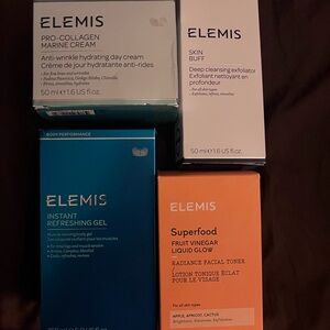 Elemis set of 4( toner, skin buff, body gel, anti-wrinkle day cream)
